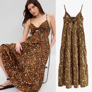 BOGO! GAP Tie Cutout Midi Floral Cotton Dress Black Brown Size Large